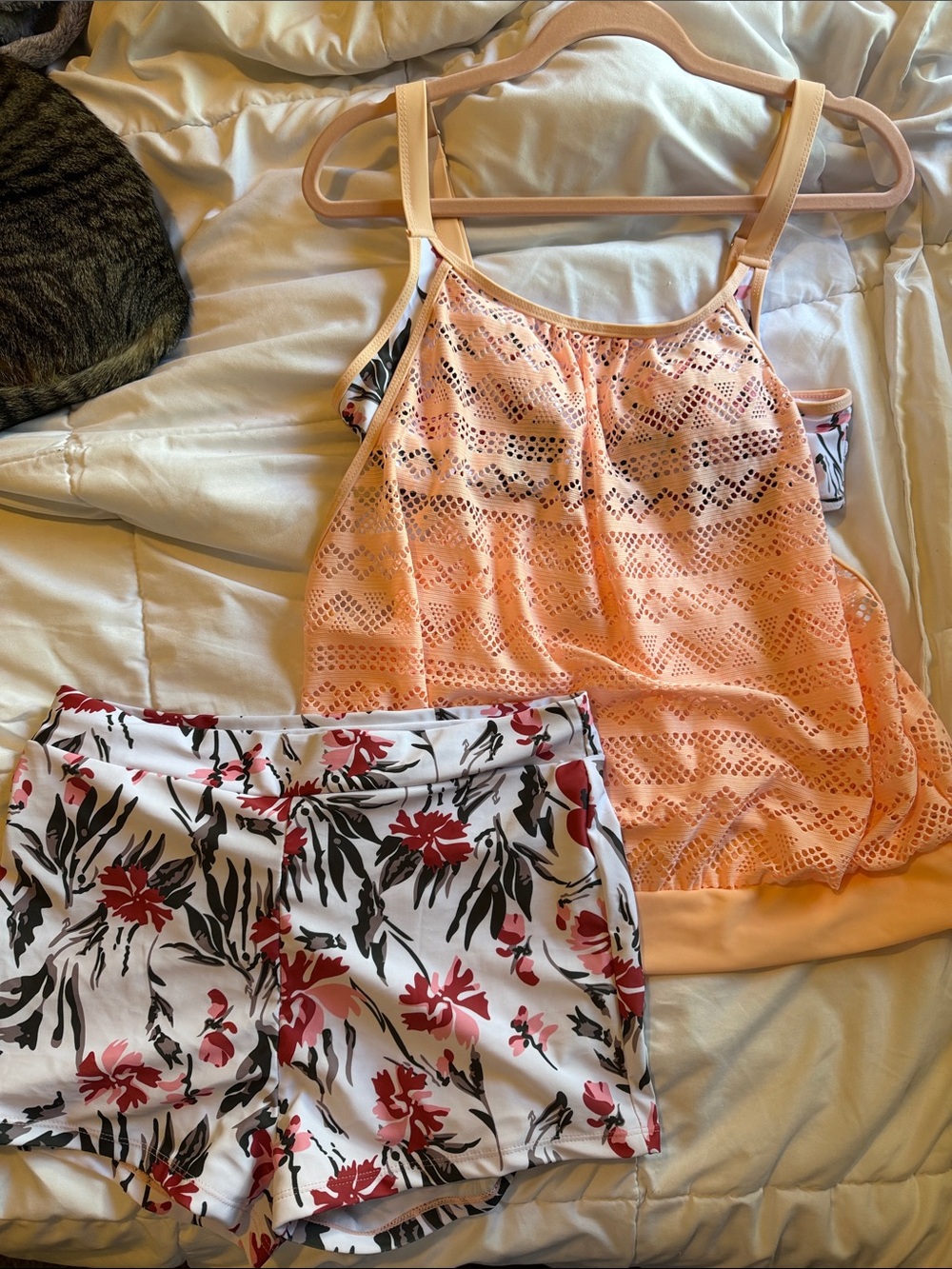 Peach Lace Tankini Top and Floral Swim Shorts Set